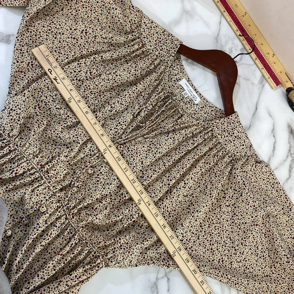 Sweet Baby Jamie Ditsy Shirt Dress Women Size XS Tan Blue Speckled Tiered Ruched - Picture 12 of 13